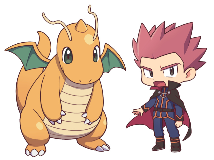 1boy, aya_(ryou0327), black_cape, black_footwear, blue_jacket, blue_pants, boots, cape, chibi, commentary_request, dragonite, grey_eyes, jacket, lance_(pokemon), long_sleeves, male_focus, open_mouth, pants, pokemon, pokemon_(creature), pokemon_(game), pokemon_hgss, popped_collar, redhead, short_hair, spiky_hair, standing, tongue, white_background