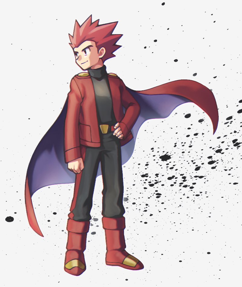 1boy, aya_(ryou0327), belt, belt_buckle, black_eyes, black_pants, black_shirt, boots, buckle, cape, closed_mouth, commentary_request, floating_cape, full_body, hand_on_hip, jacket, lance_(pokemon), male_focus, open_clothes, open_jacket, pants, pokemon, pokemon_(game), pokemon_rgby, red_cape, red_footwear, red_jacket, redhead, shirt, short_hair, smile, spiky_hair, standing, white_background