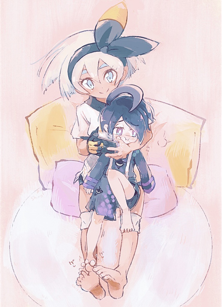 1boy, 1girl, :i, ahoge, allister_(pokemon), bangs, barefoot, bea_(pokemon), black_hair, black_hairband, bow_hairband, closed_mouth, commentary_request, cushion, eyebrows_visible_through_hair, eyelashes, gloves, grey_eyes, grey_hair, hair_between_eyes, hairband, holding, knee_pads, long_sleeves, pokemon, pokemon_(game), pokemon_swsh, raised_eyebrows, shiro_(46isou), short_hair, short_sleeves, shorts, side_slit, side_slit_shorts, single_glove, sitting, sitting_on_lap, sitting_on_person, smile, soles, suspender_shorts, suspenders, toes, violet_eyes