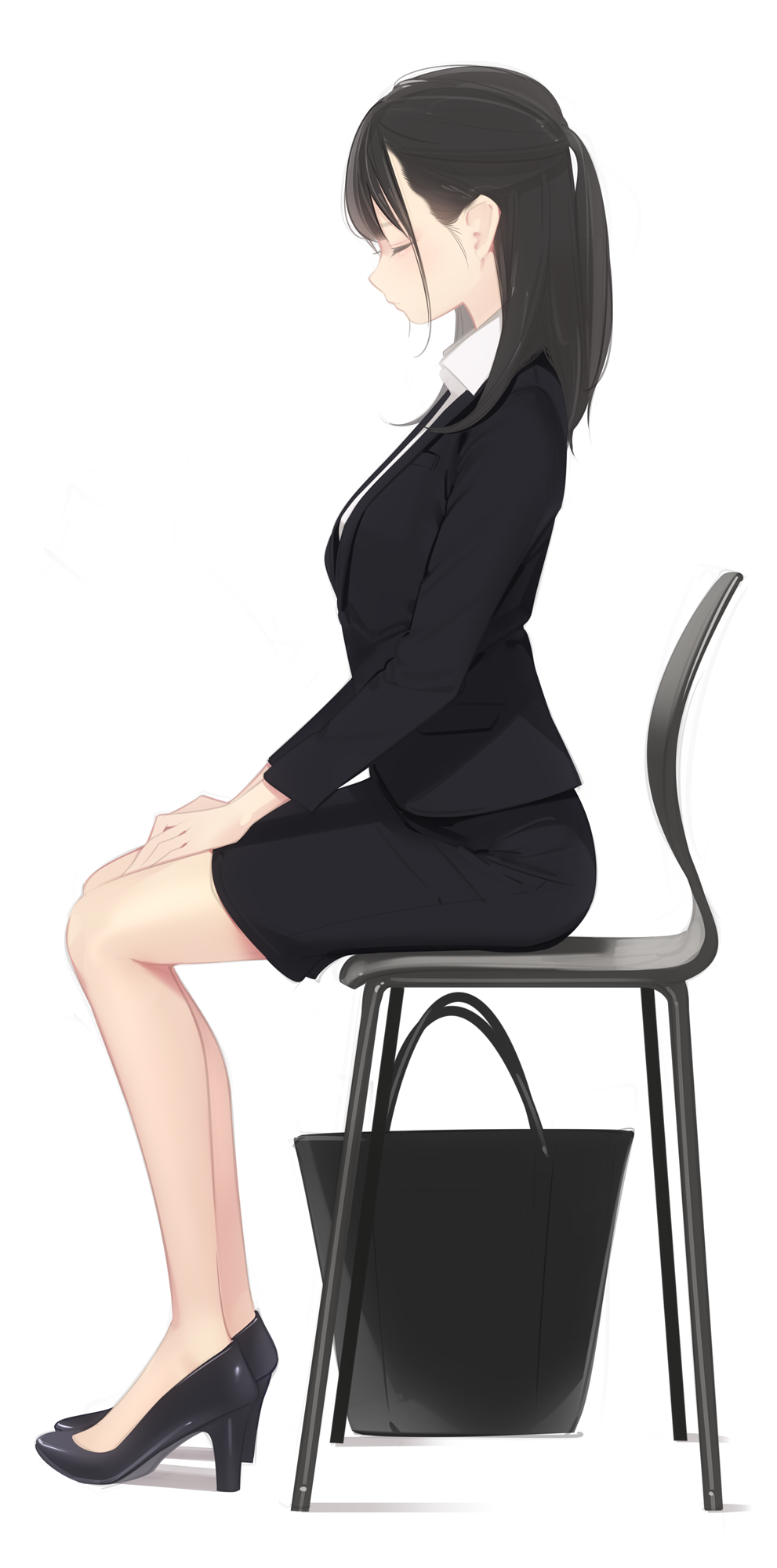 1girl, ama_mitsuki, bare_legs, black_bag, black_footwear, black_hair, black_jacket, black_skirt