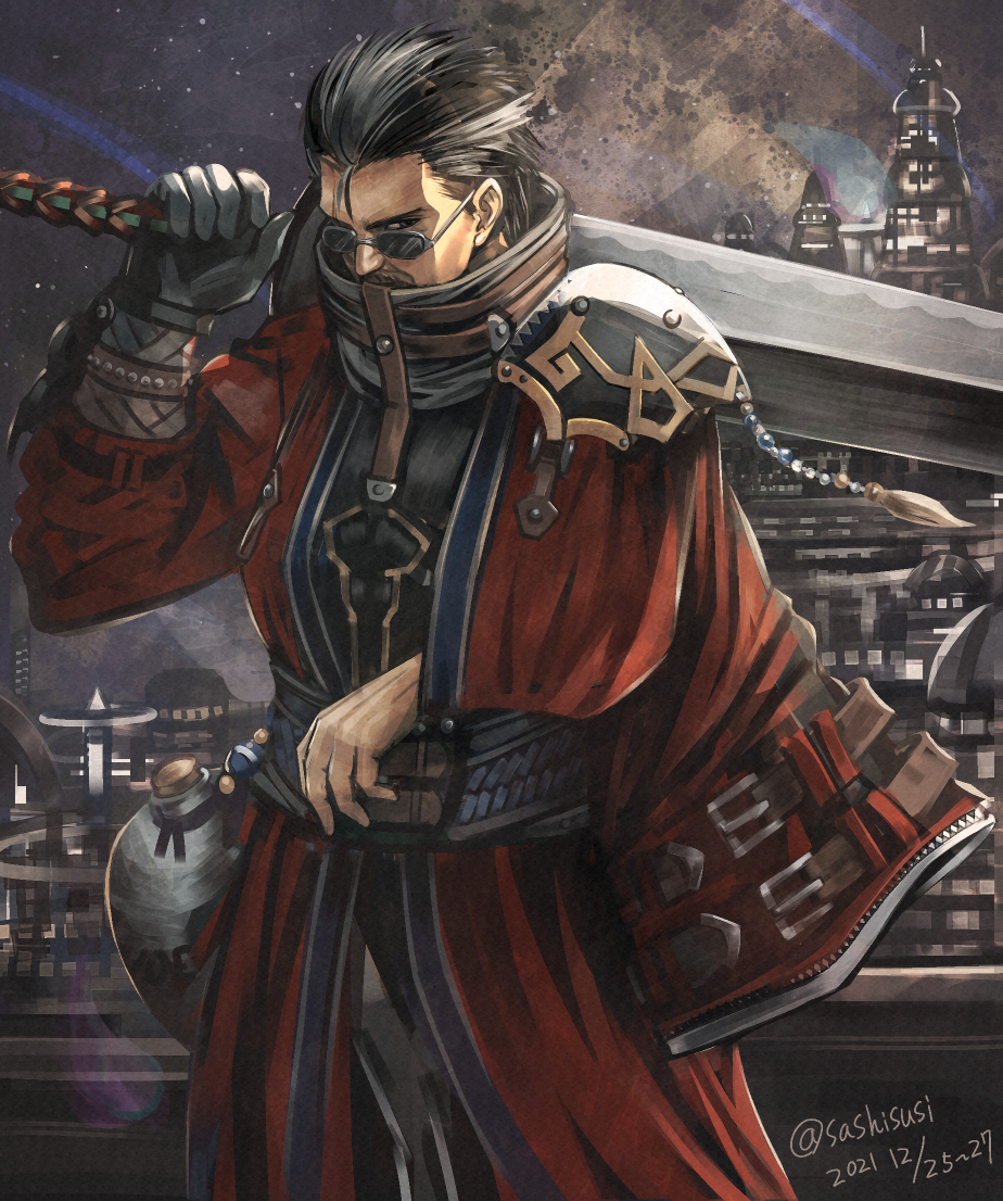 1boy, auron, beads, belt, black_hair, bottle, city, dated