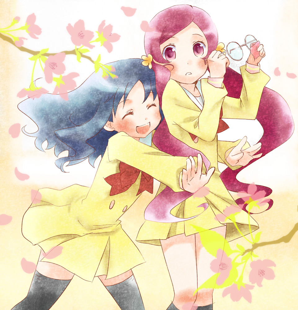 black_legwear, blue_hair, glasses, hanasaki_tsubomi, heartcatch_precure!, heartcatch_pretty_cure!, holding, holding_glasses