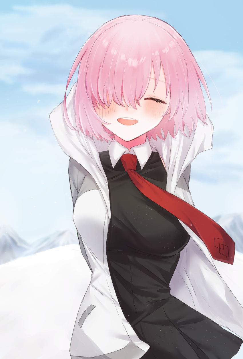 0331haru, 1girl, bangs, bare_shoulders, black-framed_eyewear, black_dress, blush, breast_pocket, breasts, collar, collared_dress, dress, fate/grand_order, fate_(series), glasses, grey_jacket, hair_behind_ear, hair_over_one_eye, jacket, mash_kyrielight, medium_breasts, necktie, pink_hair, pleated_dress, pocket, purple_eyes, red_neckwear, short_hair, sleeveless, sleeveless_dress, solo, undressing, wet, wet_clothes, wet_dress, wet_hair, wet_jacket, white_collar, wing_collar