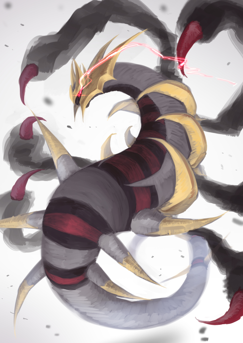 blurry, commentary_request, eye_trail, giratina, giratina_(origin), glowing, glowing_eyes, grey_background