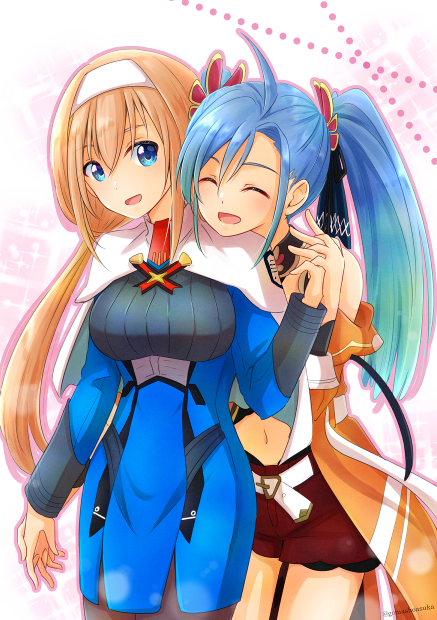 2girls, az_sainklaus, blonde_hair, blue_dress, capelet, dress, earrings, gomasho_asuka, green_eyes, hairband, hat, highres, jewelry, long_hair, low_twintails, military, military_uniform, mitsuba_greyvalley, multiple_girls, pink_eyes, red_neckwear, super_robot_wars, super_robot_wars_30, tied_hair, triangle_earrings, twintails, uniform, white_capelet, white_hairband