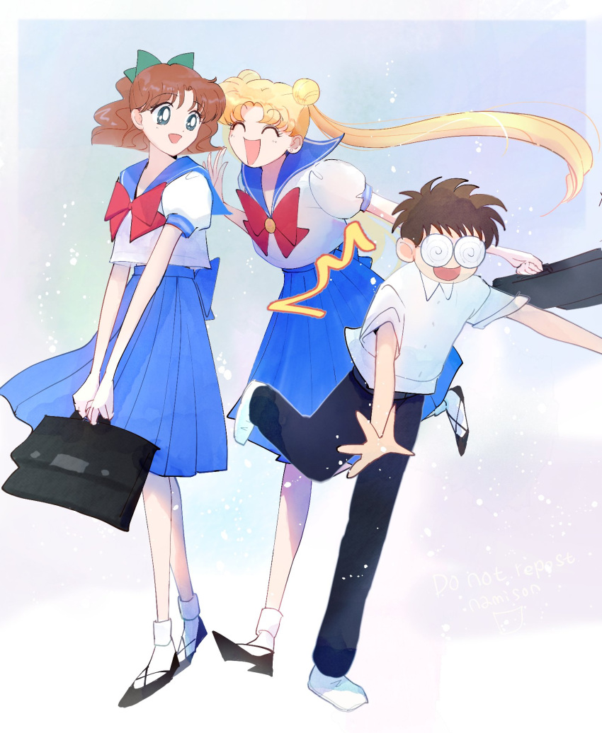 1boy, 2girls, @_@, bishoujo_senshi_sailor_moon, blonde_hair, blue_skirt, bow, brown_hair