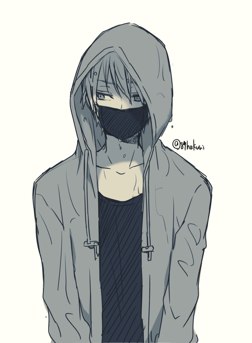 1boy, black_shirt, covering_mouth, hakuri, highres, hood, hoodie, mask, mouth_mask, onii-san_(sachi-iro_no_one_room), sachi-iro_no_one_room, shirt, simple_background, solo, wet, wet_hair, white_background, white_hair