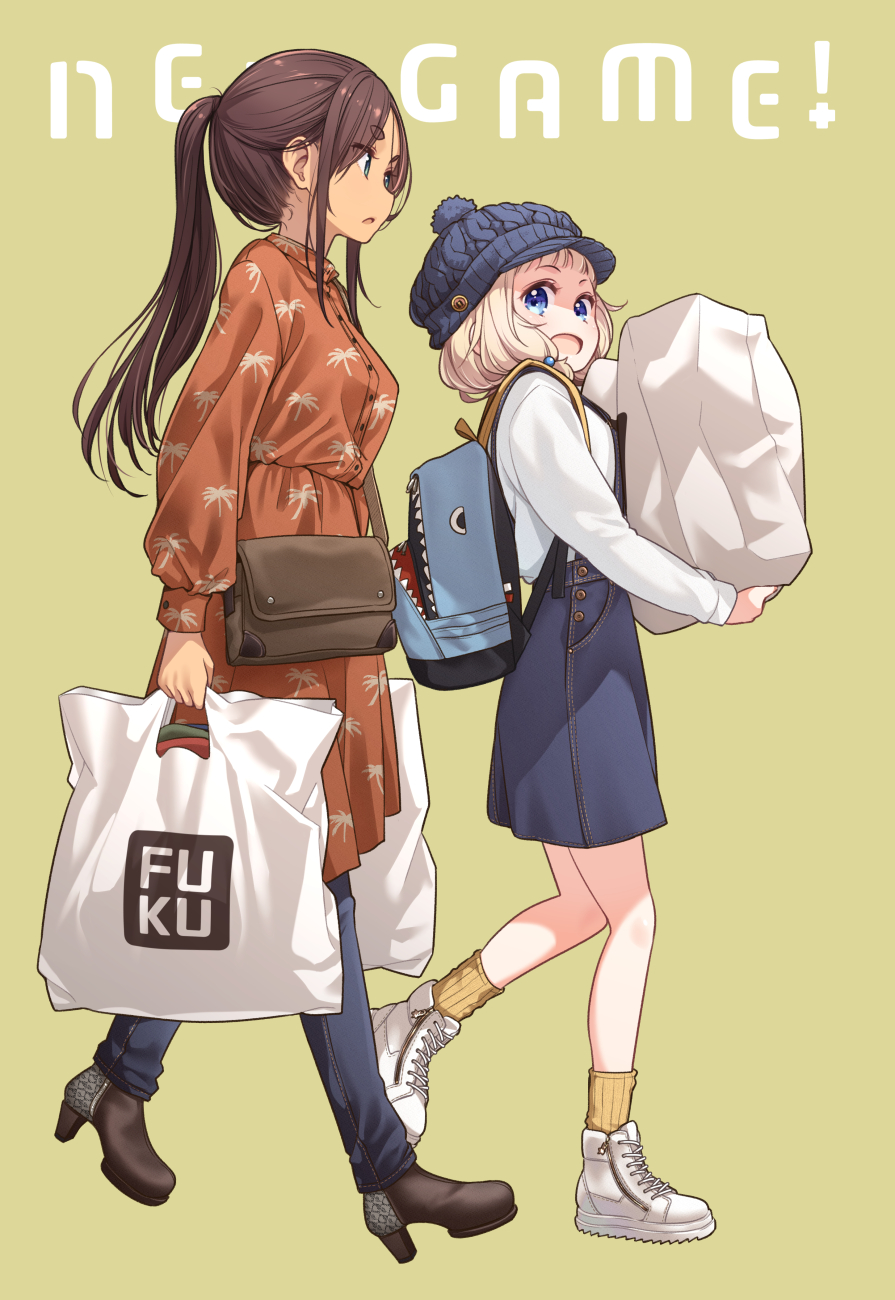 2girls, :d, :o, ahagon_umiko, alternate_hairstyle, animal_bag, aqua_eyes, arms_at_sides