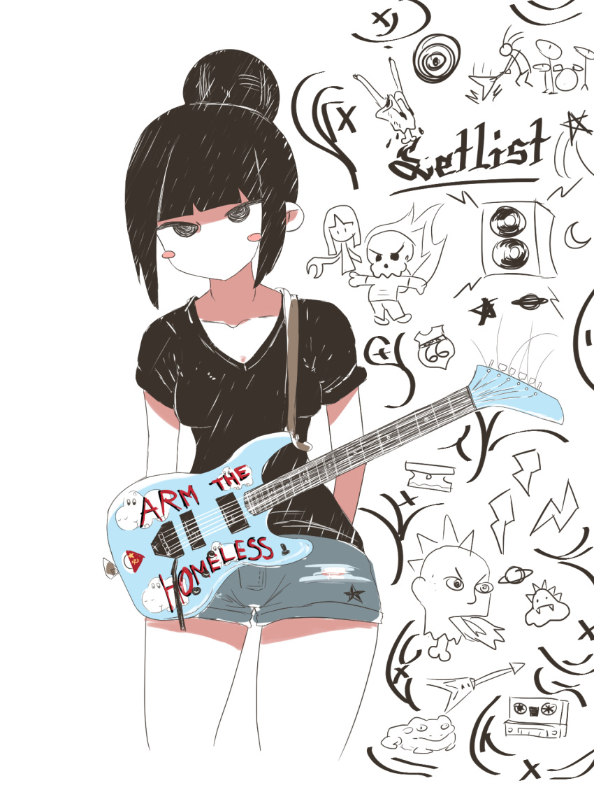 1girl, @_@, arm_behind_back, bangs, black_eyes, blunt_bangs, blush, blush_stickers, denim, denim_shorts, graffiti, guitar, highres, instrument, medium_hair, no_mouth, notnoe_(dxcl), original, shorts, simple_background, sketch, solo, standing, white_background