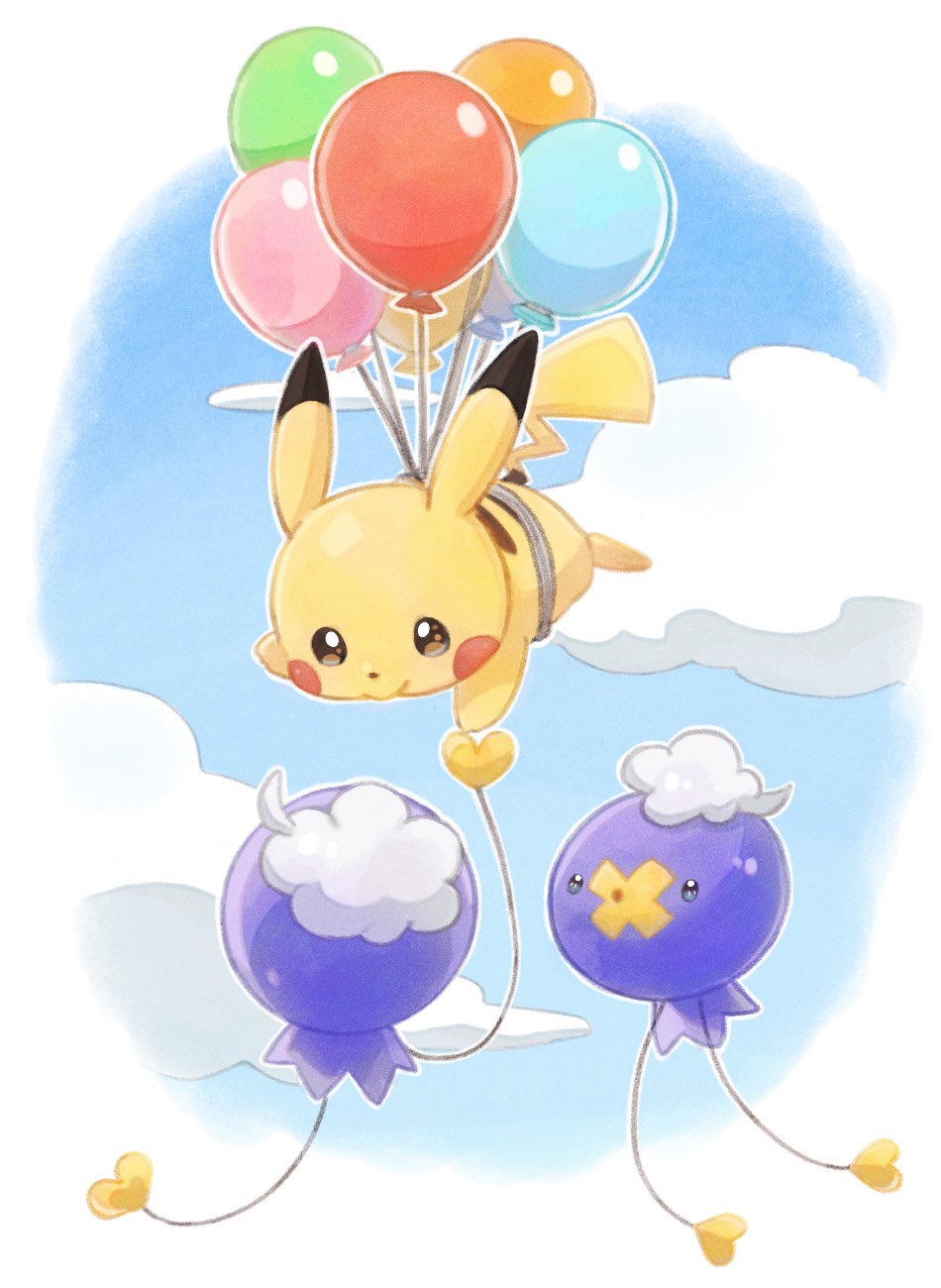 balloon, brown_eyes, closed_mouth, clouds, commentary_request, day, drifloon, floating, highres, looking_down, no_humans, oniwa_nwai, outdoors, pikachu, pokemon, pokemon_(creature)