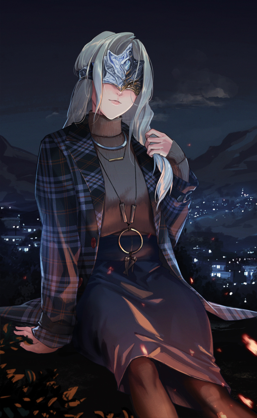 1girl, alternate_costume, blindfold, brown_legwear, brown_sweater, city, city_lights, clouds