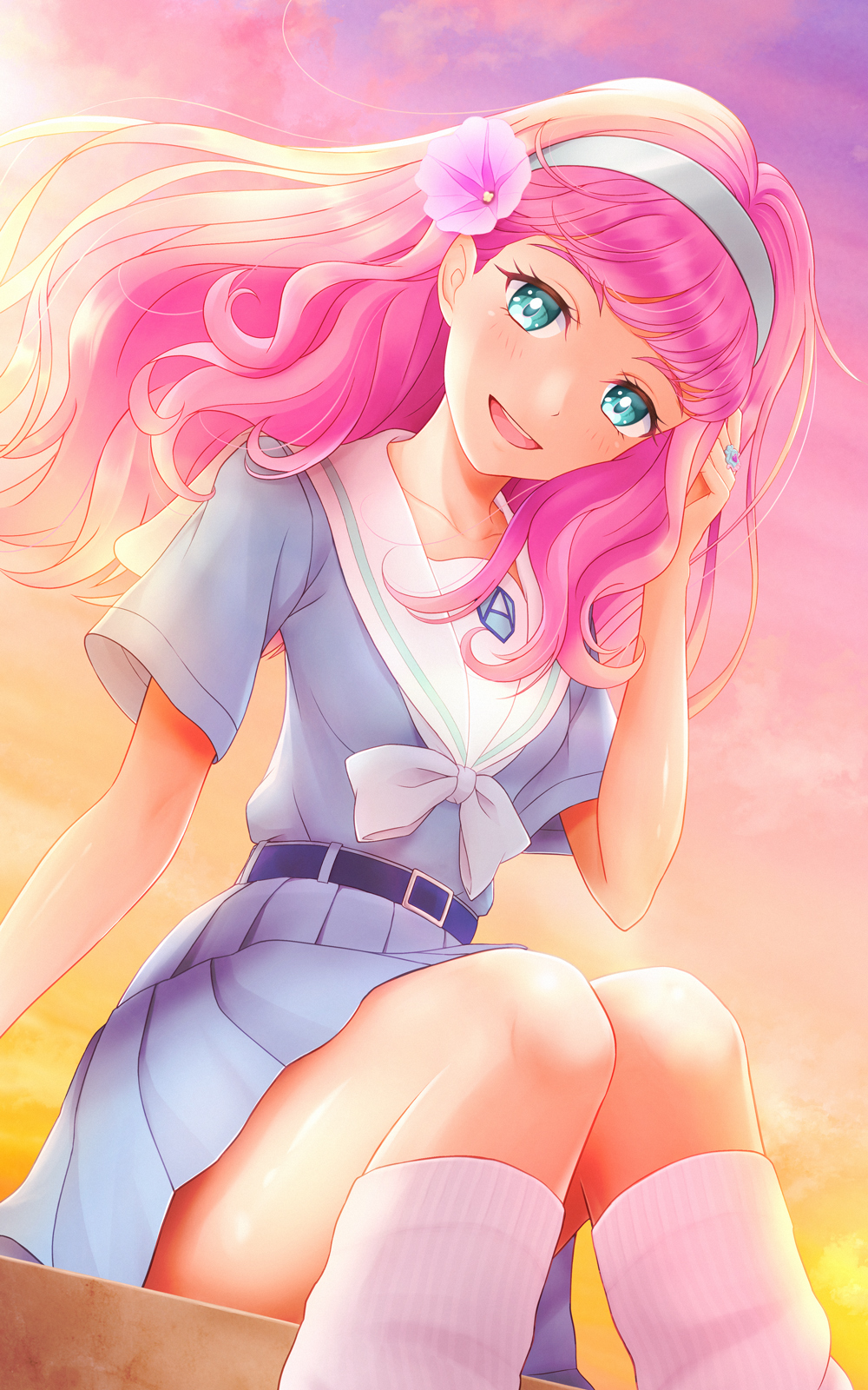 1girl, aozora_middle_school_uniform, aqua_blouse, aqua_sailor_collar, aqua_skirt, belt, blue_eyes, blue_skirt