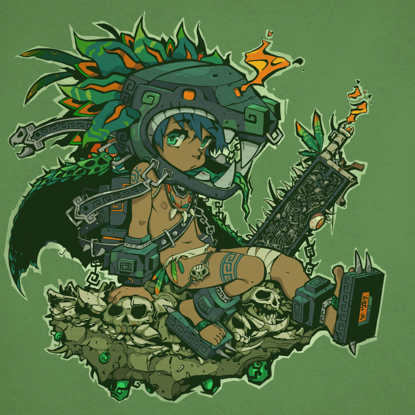 1boy, aztec, bone, child, commentary, dark-skinned_male, dark_skin, english_commentary