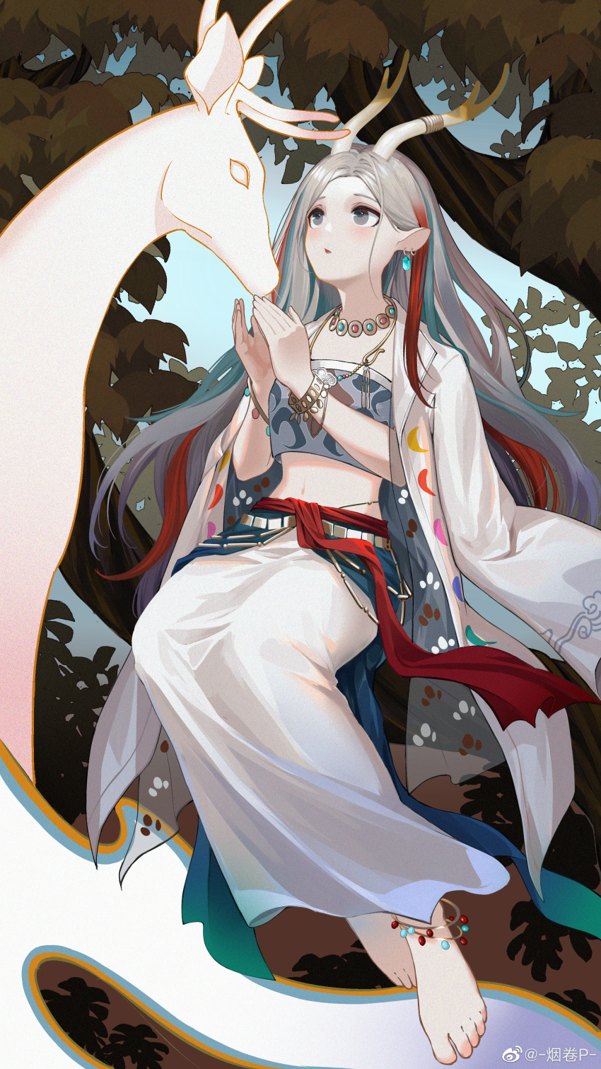 1girl, a_deer_of_nine_colors, absurdres, animal_ear_fluff, anklet, antlers, arknights, artist_name