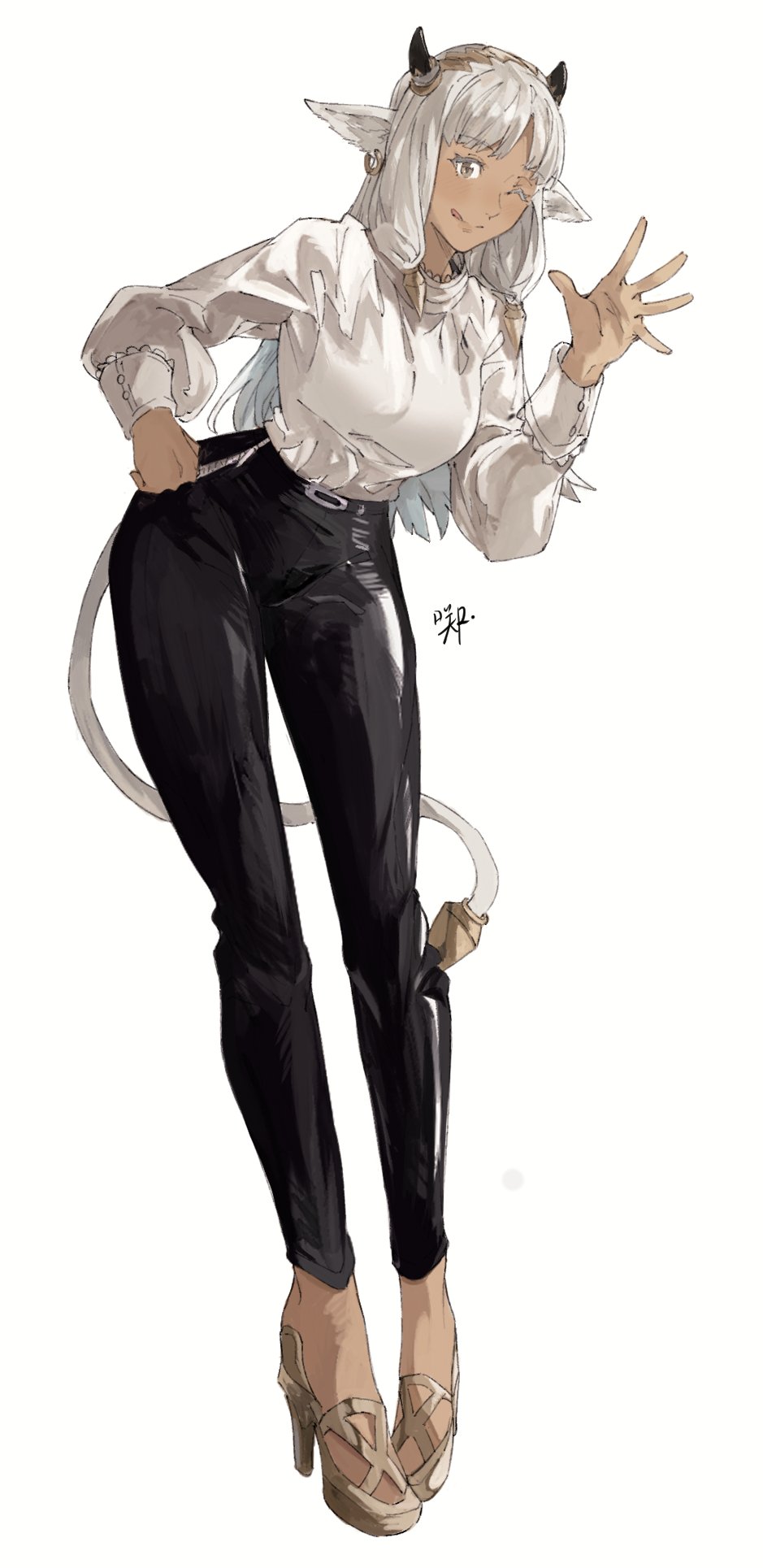 1girl, ;), alternate_costume, animal_ears, ash_(fire_emblem), bangs, belt, black_horns, black_pants, breasts, brown_eyes, cow_ears, cow_girl, cow_horns, dark-skinned_female, dark_skin, earrings, english_commentary, fire_emblem, fire_emblem_heroes, full_body, hand_on_hip, high_heels, highres, horns, jewelry, leaning_forward, long_sleeves, one_eye_closed, pants, sakuremi, smile, solo, standing, tongue, tongue_out, white_hair