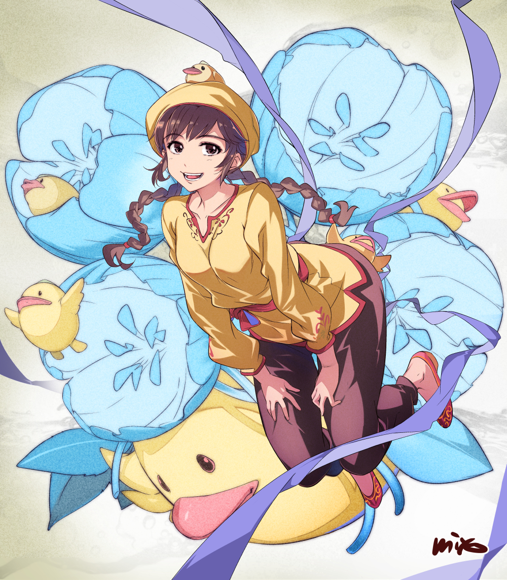 1girl, bangs, bird, blue_flower, braid, brown_eyes, brown_hair, chinese_clothes