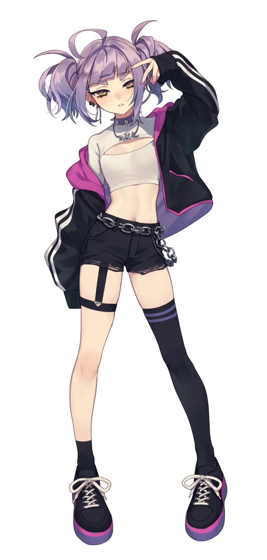 1other, absurdres, androgynous, asymmetrical_legwear, blue_hair, chain_belt, choker, collar, colored_tips, crop_top, ear_piercing, highres, matsuda_toki, milk_(utau), multicolored_hair, navel, pale_skin, piercing, purple_hair, short_shorts, shorts, spiked_collar, spikes, thick_thighs, thigh-highs, thighs, twintails, utau, yellow_eyes