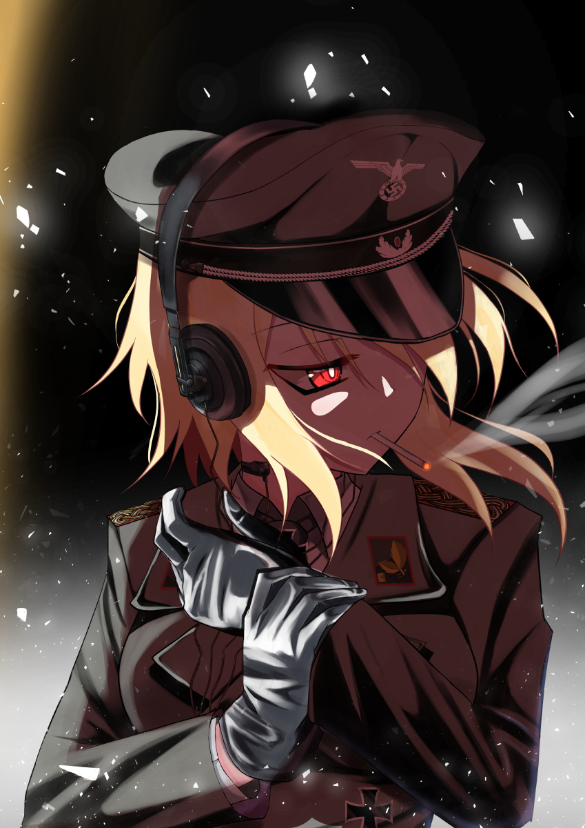 black_headwear, black_uniform, blonde_hair, cross, epaulettes, female_soldier, german_army, germany