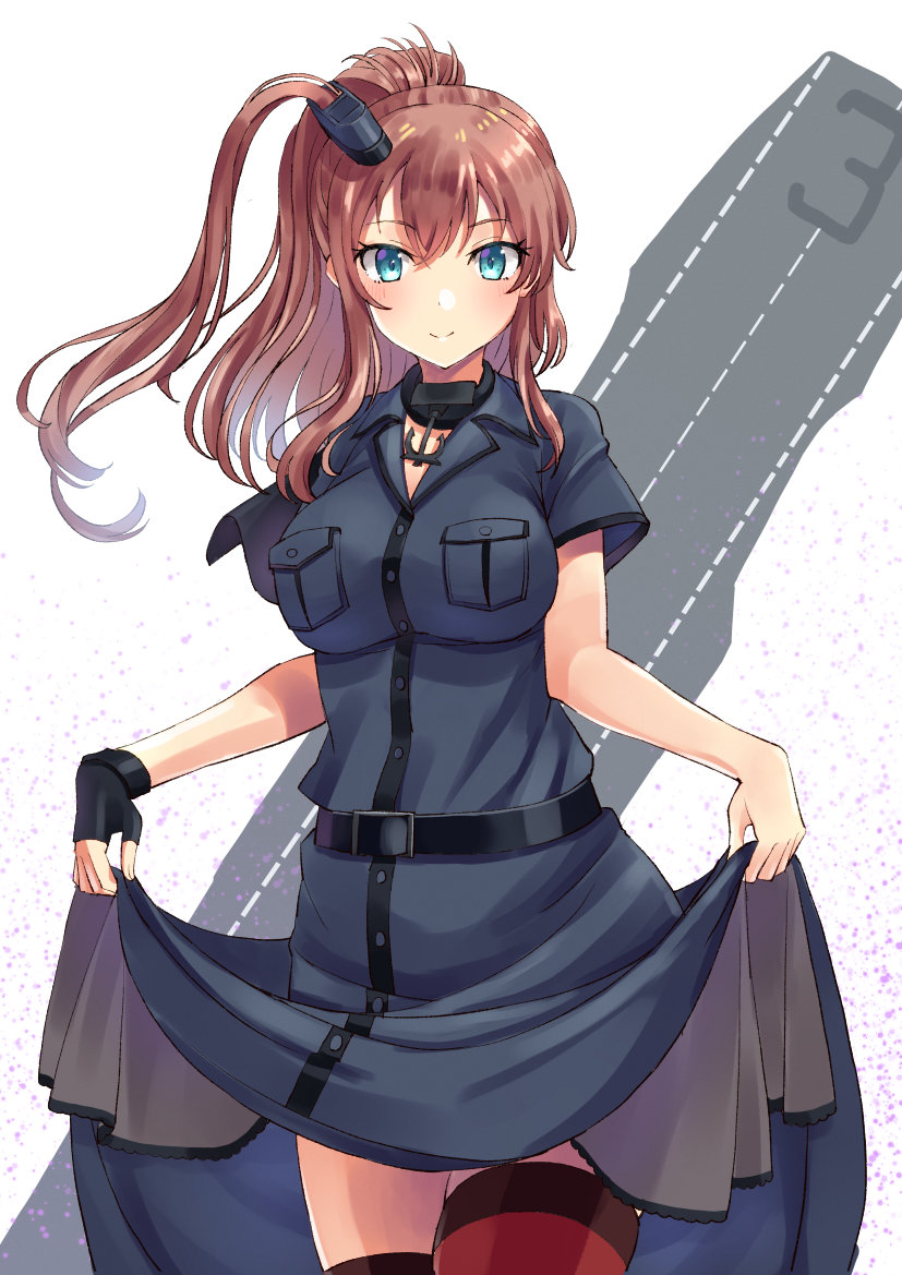 1girl, anchor, black_dress, black_gloves, blue_eyes, breast_pocket, breasts, brown_hair