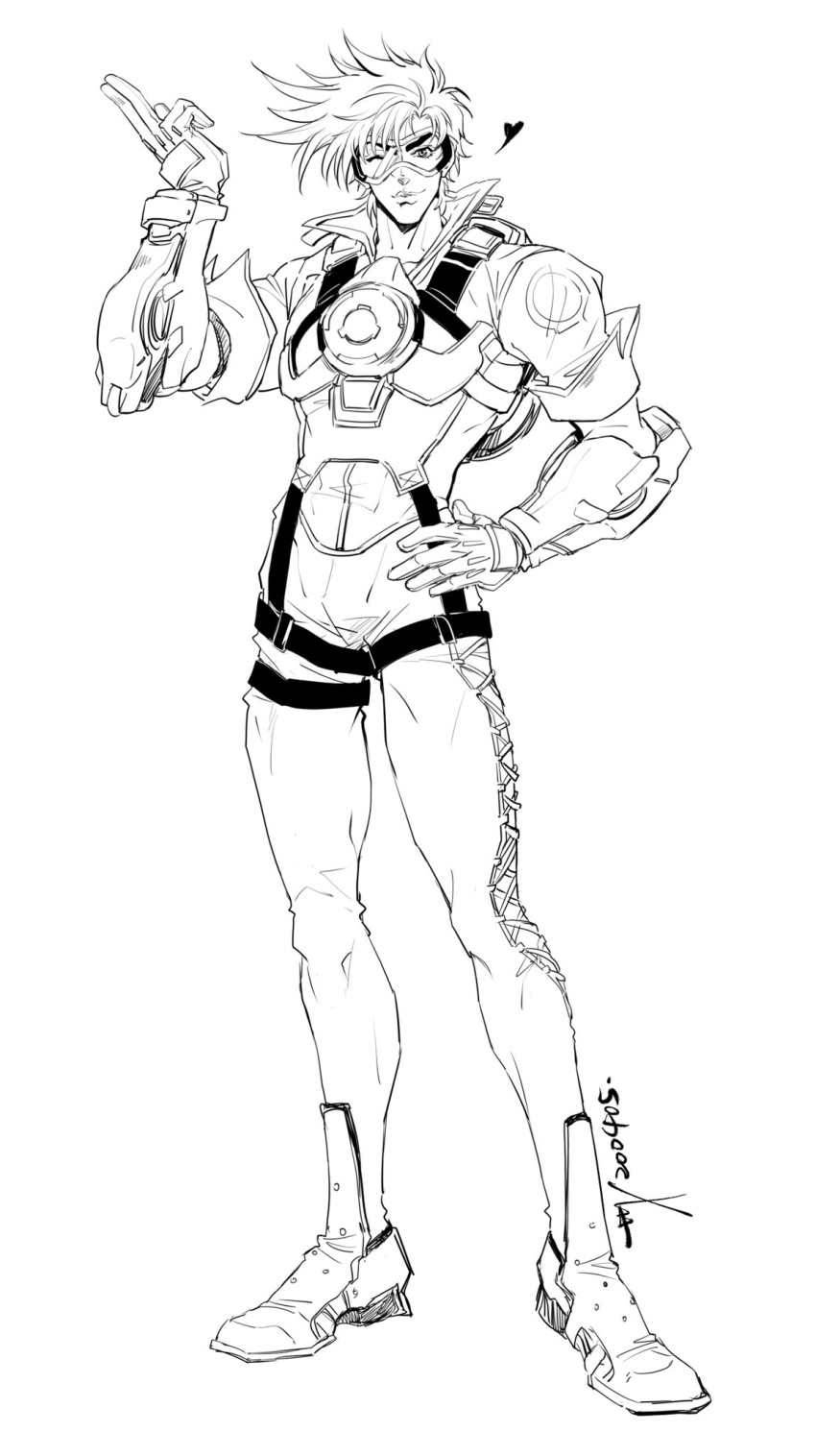 1boy, battle_tendency, bodysuit, bomber_jacket, chest_harness, cosplay, gloves, goggles, greyscale, hand_on_hip, harness, heart, highres, jacket, jojo_no_kimyou_na_bouken, joseph_joestar, lips, looking_at_viewer, monochrome, nationality_connection, overwatch, salute, sashiyu, solo, spiky_hair, spoken_heart, tracer_(overwatch), tracer_(overwatch)_(cosplay), two-finger_salute