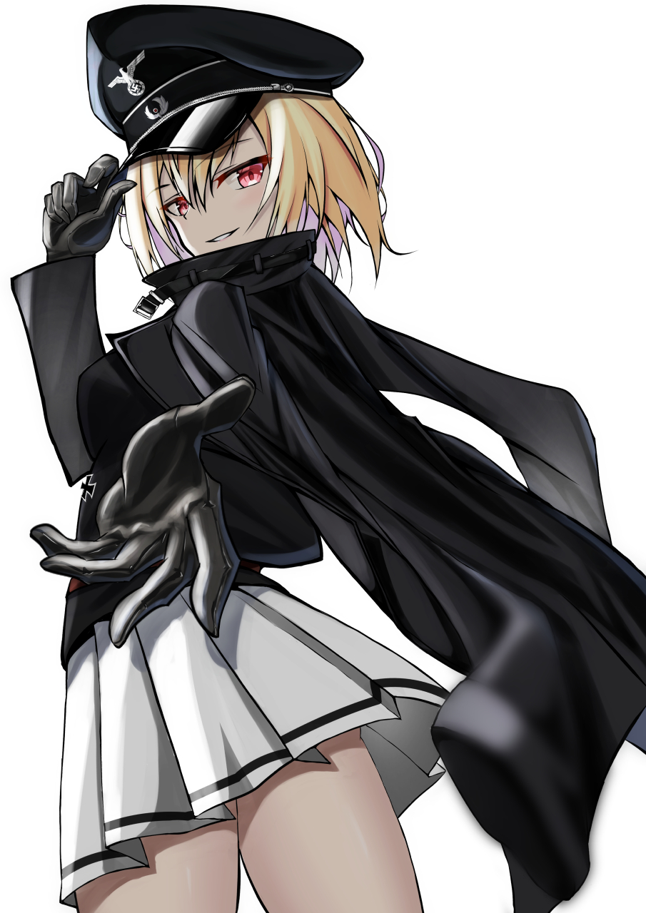 black_gloves, black_headwear, black_jacket, black_uniform, blonde_hair, cross, female_soldier, german_army, germany, gloves, hat, highres, iron_cross, jacket, jiseki_rena, military, military_hat, military_uniform, original, peaked_cap, red_eyes, schutzstaffel, skirt, totenkopf, uniform, white_skirt