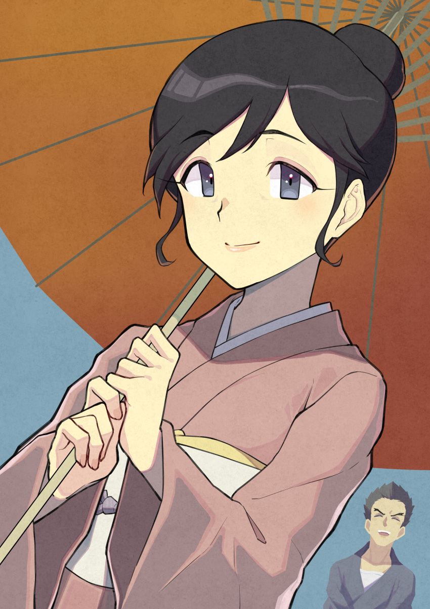 1boy, 1girl, absurdres, black_eyes, black_hair, closed_mouth, eyebrows_visible_through_hair, girls_und_panzer
