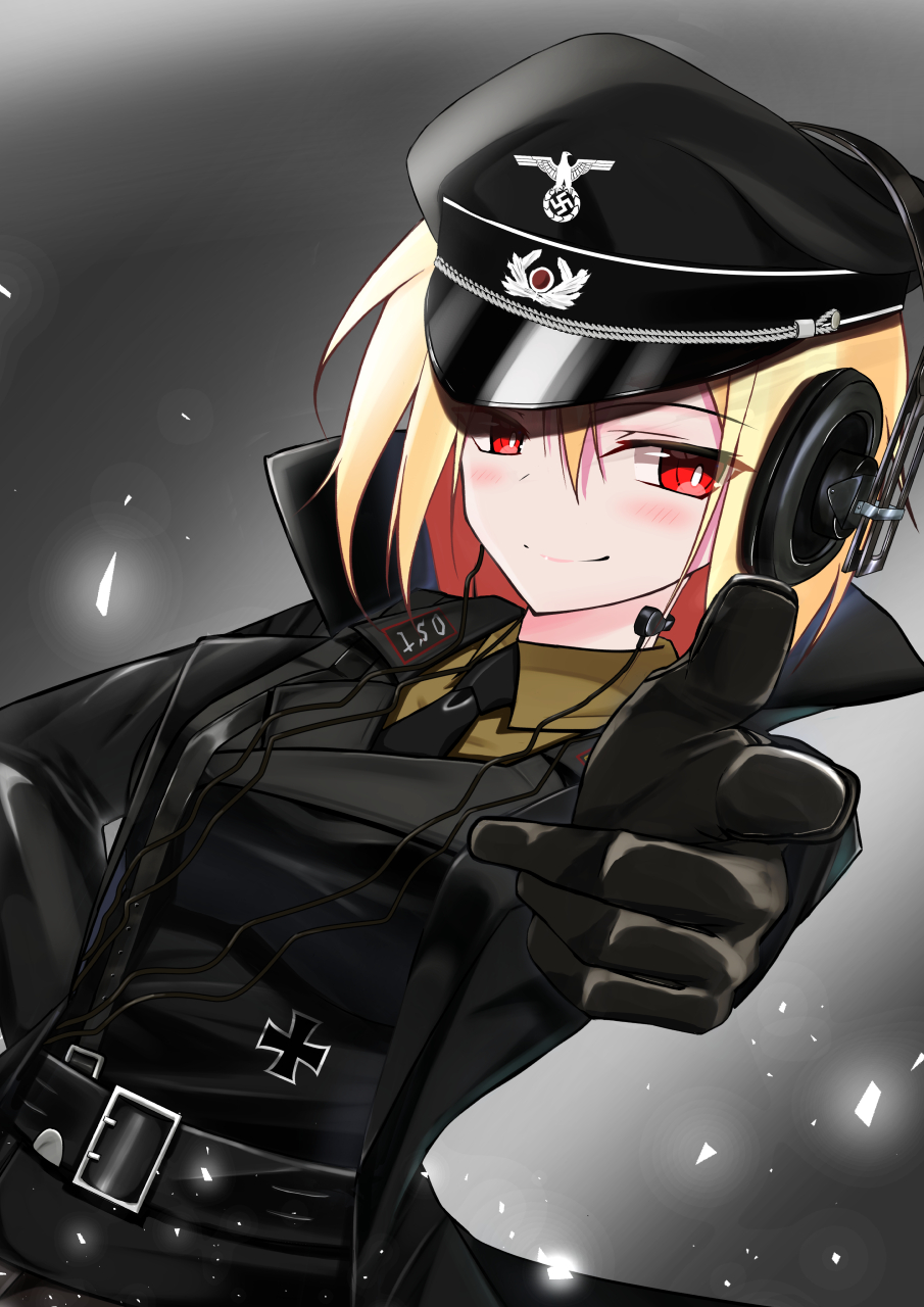 black_gloves, black_headwear, black_uniform, blonde_hair, cross, epaulettes, female_soldier, german_army, germany, gloves, hat, headphones, highres, iron_cross, jiseki_rena, military, military_hat, military_uniform, original, peaked_cap, red_eyes, schutzstaffel, skirt, totenkopf, uniform