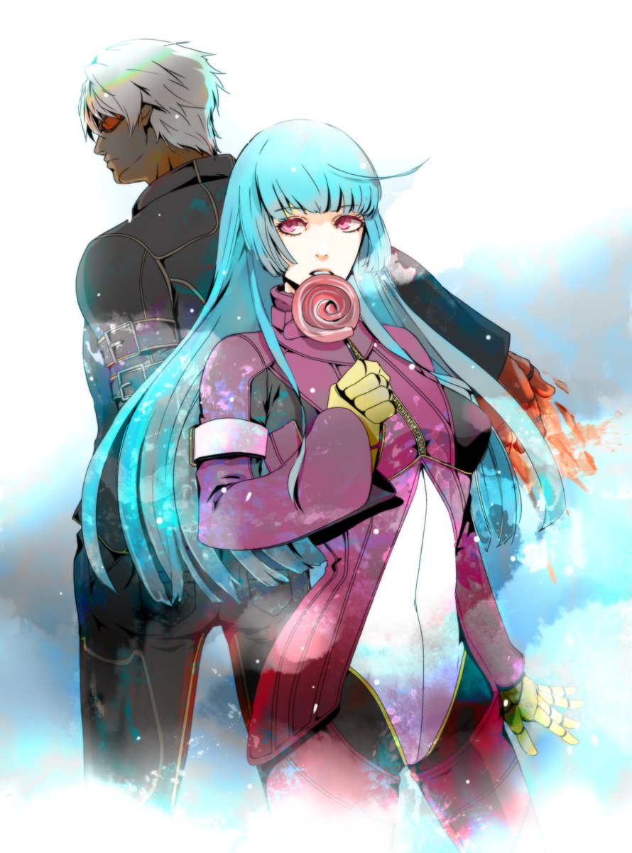 1boy, 1girl, ahoge, bangs, belt, blue_hair, bodysuit, breasts