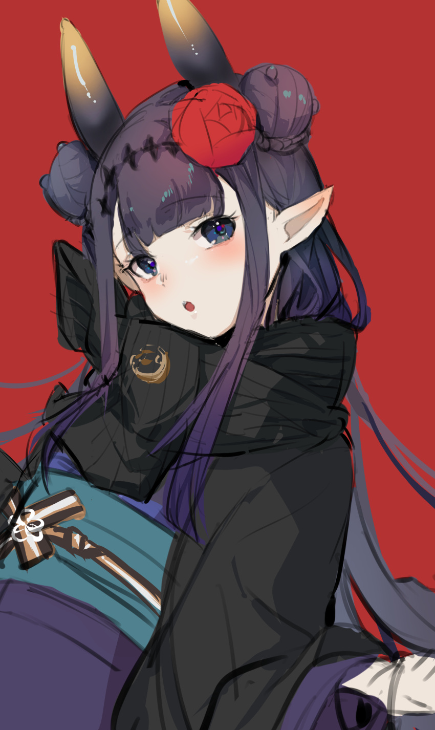 1girl, absurdres, bangs, black_scarf, blunt_bangs, braid, braided_bun, double_bun, eyebrows_visible_through_hair, flaya9247, haori, highres, hololive, hololive_english, japanese_clothes, kimono, long_hair, looking_at_viewer, ninomae_ina'nis, obi, obijime, official_alternate_costume, open_mouth, pointy_ears, purple_hair, purple_kimono, red_background, sash, scarf, sidelocks, sketch, solo, upper_body, violet_eyes, virtual_youtuber
