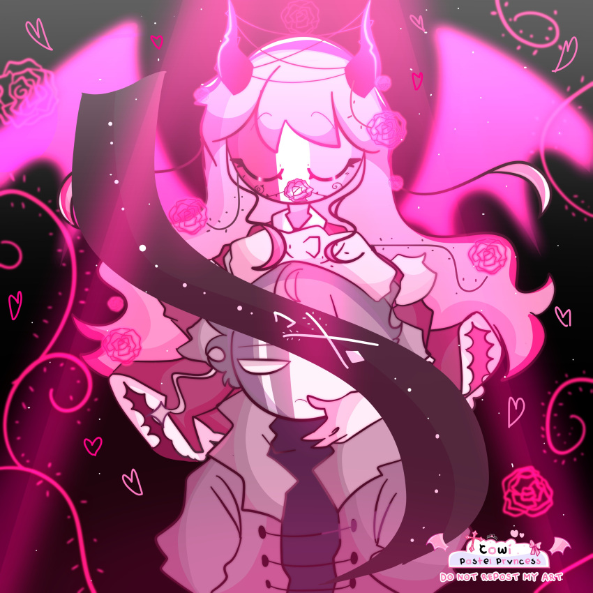 1boy, 1girl, absurdres, bangs, black_background, black_dress, black_horns, blue_shirt, buttons, closed_eyes, clothes_lift, coat, collared_shirt, couple, demon_girl, demon_horns, demon_wings, dress, dress_lift, expressionless, eyebrows, eyebrows_visible_through_hair, eyelashes, eyepatch, flower, flower_on_mouth, friday_night_funkin', fur-trimmed_coat, fur-trimmed_jacket, fur_trim, grey_hair, grey_jacket, hair_between_eyes, hair_flower, hair_ornament, hand_in_pocket, hat, heart, hetero, highres, horns, jacket, jitome, lolita_fashion, long_hair, long_sleeves, no_humans, nun, pastelprvncess, petals, pink_flower, pink_hair, pink_rose, pink_wings, rose, rose_petals, russian_clothes, ruvyzvat_(friday_night_funkin'), sarvente_(friday_night_funkin'), shirt, short_hair, toon_(style), twitter_username, very_long_hair, wings