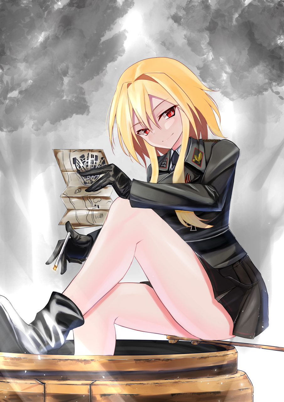 black_gloves, black_headwear, black_jacket, black_uniform, blonde_hair, boots, clip_studio_paint_(medium), cross