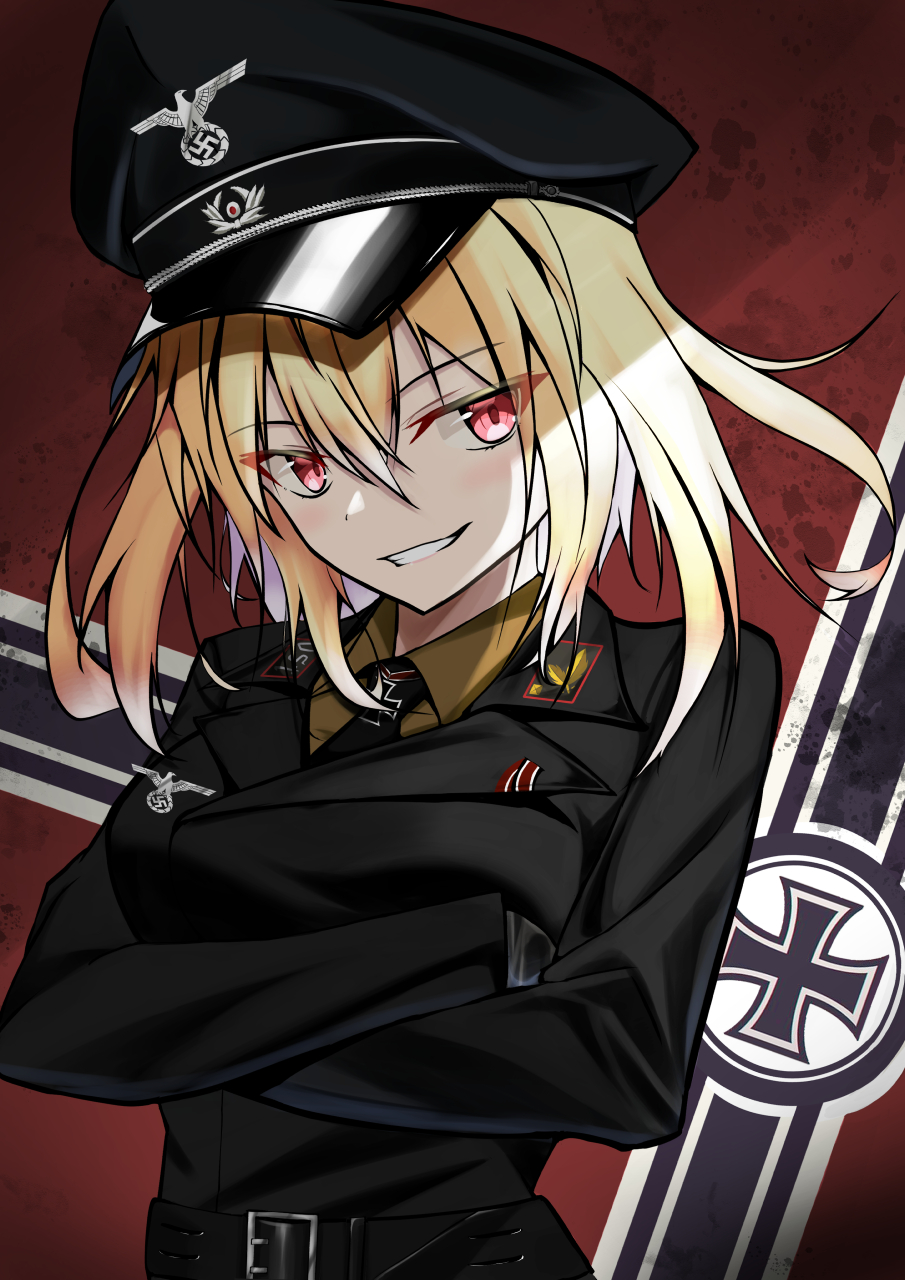 black_gloves, black_headwear, black_jacket, black_uniform, blonde_hair, clip_studio_paint_(medium), cross, female_soldier