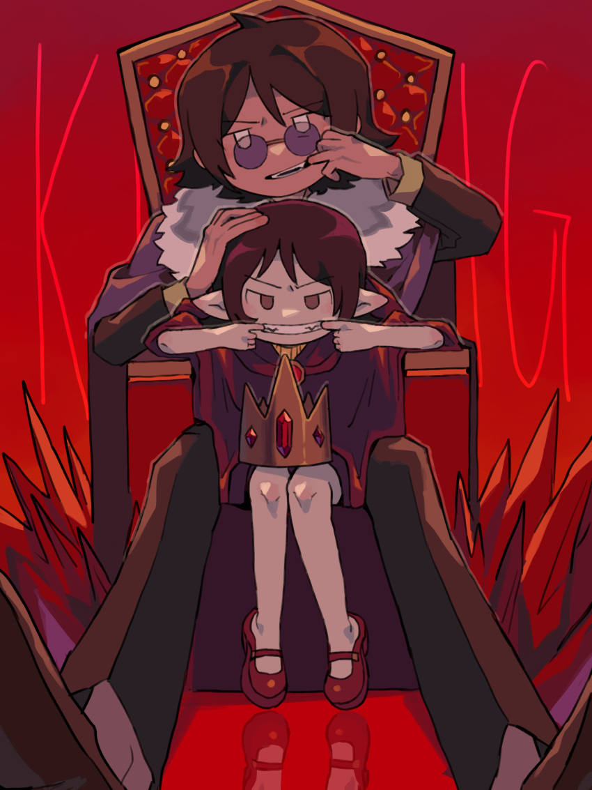 1boy, 1girl, adventure_time, black_hair, brown_hair, cloak, colored_skin, crown