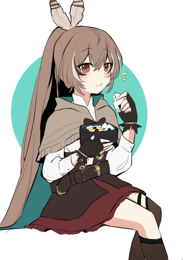 1girl, bangs, belt, bento, brown_eyes, brown_hair, cape, cloak, corset, eating, feathers, fingerless_gloves, food, food_on_face, gloves, green_circle, hololive, hololive_english, kleeji_x, looking_at_viewer, nanashi_mumei, onigiri, ponytail, ribbon, shirt, skirt, sushi, virtual_youtuber