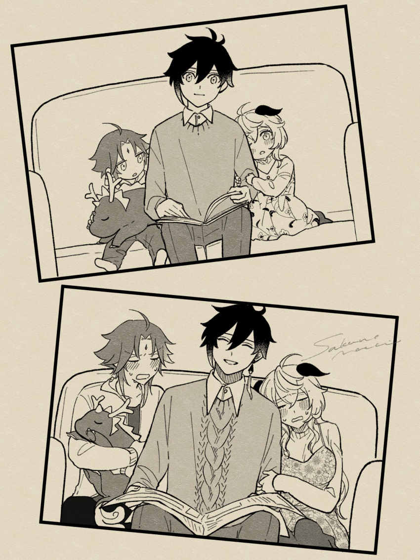 1girl, 2boys, ahoge, breasts, collared_shirt, couch, dress, earrings