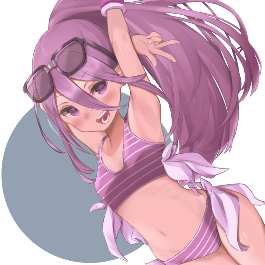 1girl, :o, arms_up, bikini, blush, breasts, eyewear_on_head, hair_between_eyes