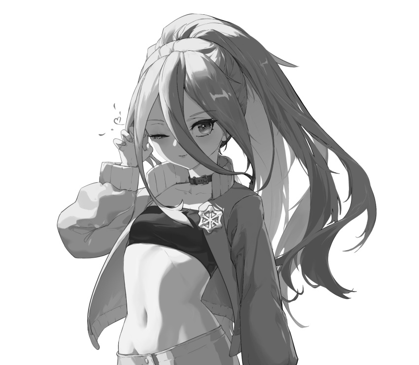 1girl, choker, crop_top, flat_chest, greyscale, hand_up, heart, highres