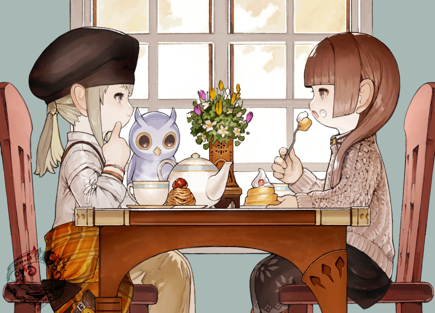 2girls, artist_name, avatar_(ff14), bangs, bird, black_headwear, black_legwear, black_skirt, blonde_hair, blunt_bangs, bracelet, brown_hair, chair, cup, eating, eye_contact, feet_out_of_frame, final_fantasy, final_fantasy_xiv, finger_to_cheek, flower, food, food_on_face, fork, from_side, grey_eyes, grey_sweater, hat, highres, holding, holding_fork, jewelry, lalafell, looking_at_another, multiple_girls, n122425, on_chair, open_mouth, owl, pantyhose, plate, pointy_ears, profile, shirt, sitting, skirt, smile, sweater, table, tea_set, teacup, teapot, twintails, white_shirt, window