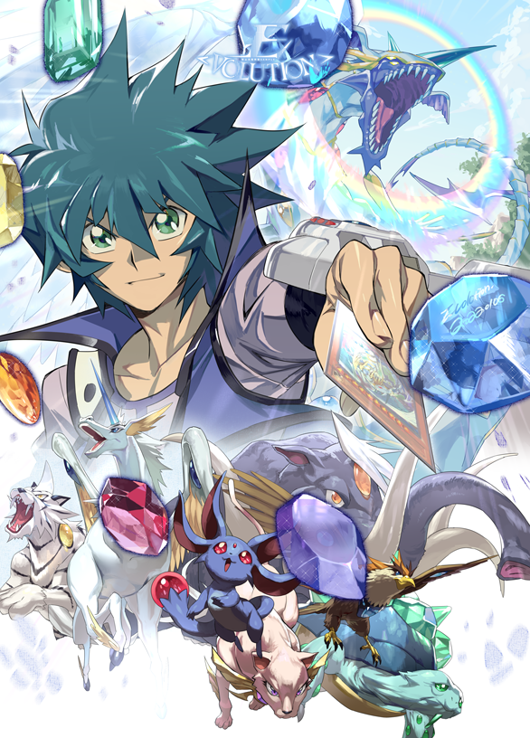 1boy, bangs, card, cat, cropped_torso, crystal_beast_amber_mammoth, crystal_beast_amethyst_cat, crystal_beast_cobalt_eagle