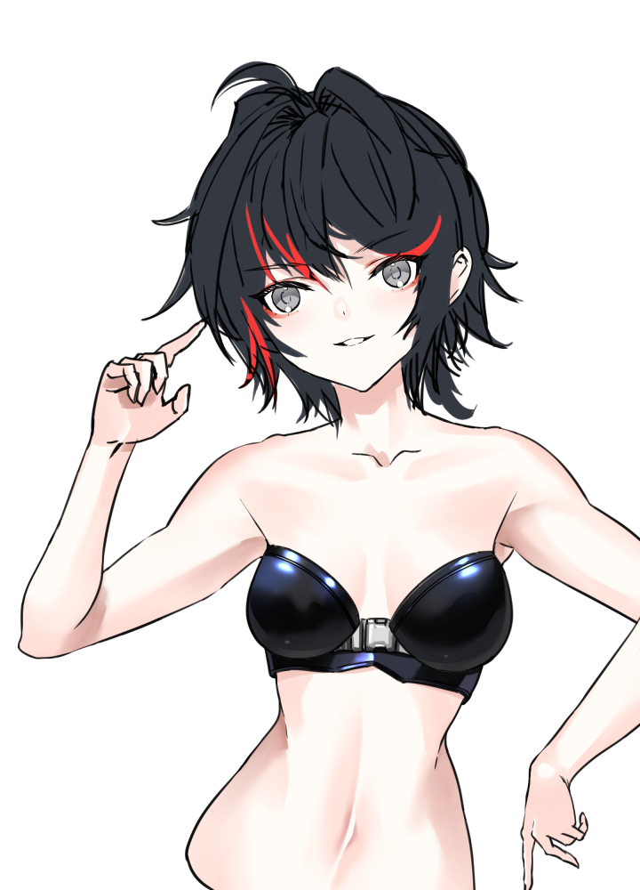 1girl, arm_up, bangs, bare_shoulders, black_bra, black_hair, bra, eyebrows_visible_through_hair, girls_frontline, grey_eyes, hk512_(girls'_frontline), ingerdoll, looking_at_viewer, multicolored_hair, short_hair, smile, solo, underwear, upper_body, white_background