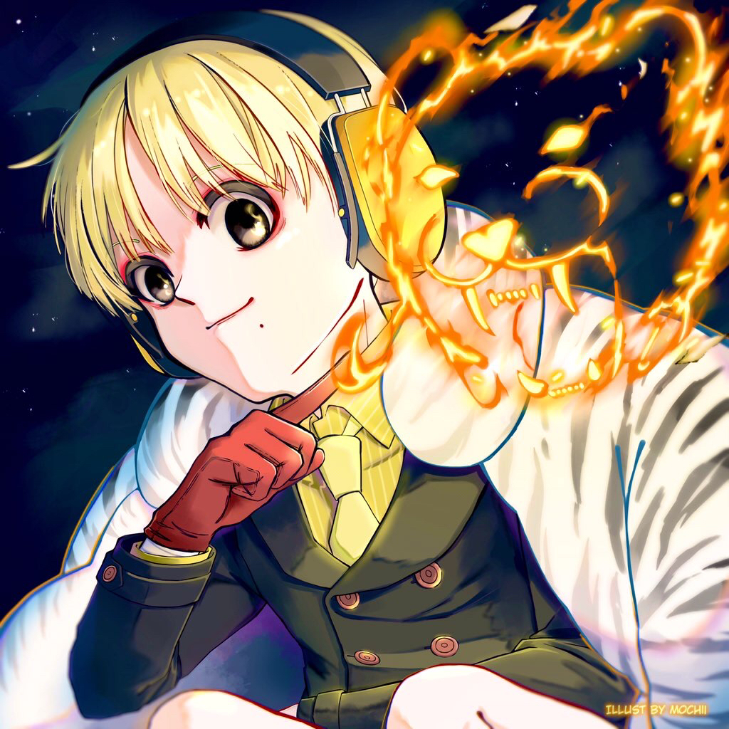 1boy, artist_name, blonde_hair, coat, dark_background, fire, gloves, headphones