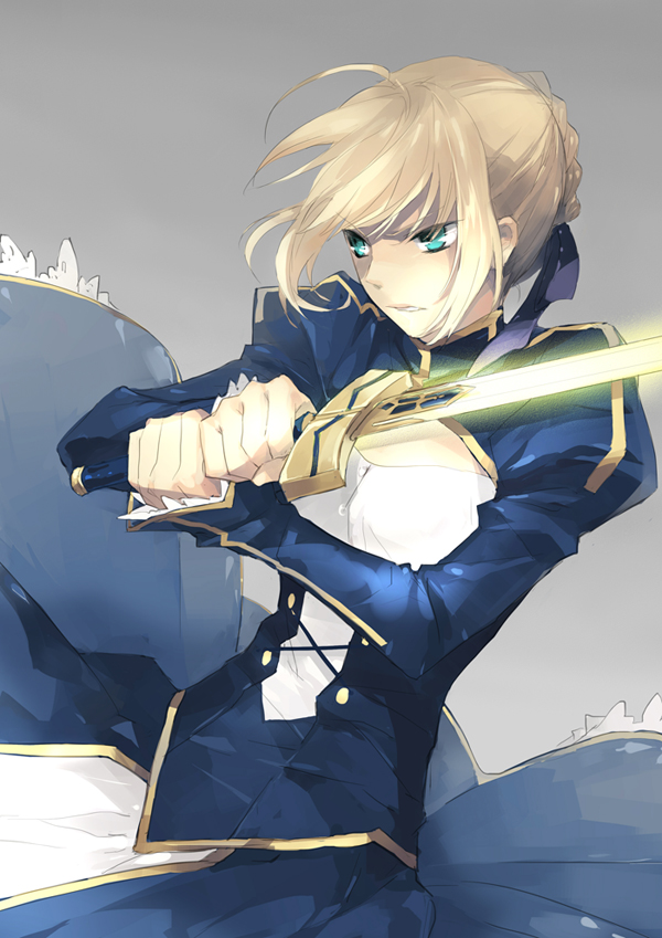 1girl, ahoge, artoria_pendragon_(all), artoria_pendragon_(fate), blonde_hair, blue_ribbon, breasts, cleavage_cutout, clothing_cutout, excalibur_(fate/stay_night), fate/grand_order, fate/stay_night, fate_(series), green_eyes, hair_bun, hair_ribbon, holding, holding_weapon, juliet_sleeves, long_sleeves, medium_breasts, puffy_sleeves, ribbon, saber, skyfly17, solo, sword, weapon