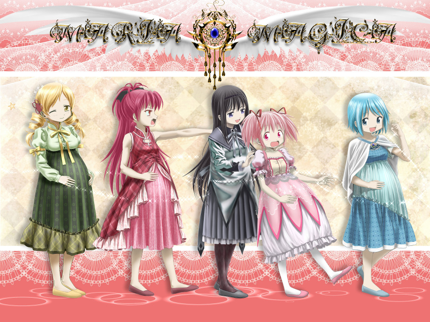 5girls, akemi_homura, black_hair, blonde_hair, blue_hair, commentary_request, dress, drill_hair, feader, hair_ornament, hair_ribbon, highres, kaname_madoka, long_hair, mahou_shoujo_madoka_magica, miki_sayaka, multiple_girls, one_eye_closed, pantyhose, pink_hair, ponytail, pregnant, redhead, revision, ribbon, sakura_kyouko, short_hair, short_twintails, tomoe_mami, twin_drills, twintails
