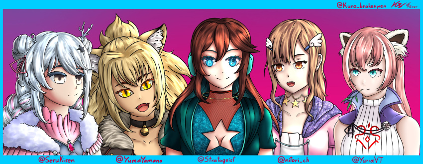 5girls, absurdres, animal_ear_fluff, animal_ears, bamboo, braid, breasts, character_request