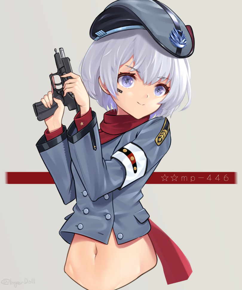 1girl, bangs, beret, blue_jacket, breasts, character_name, closed_mouth, eyebrows_visible_through_hair, girls_frontline, gun, handgun, hat, holding, holding_gun, holding_weapon, ingerdoll, jacket, light_purple_eyes, light_purple_hair, looking_away, mp-446_(girls'_frontline), mp-446_viking, navel, pistol, red_scarf, scarf, short_hair, small_breasts, smile, solo, upper_body, weapon
