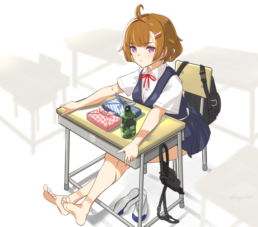 1girl, bag, bangs, barefoot, black_bag, blue_skirt, blue_vest, brown_hair, chair, eyebrows_visible_through_hair, girls_frontline, grizzly_mkv_(girls'_frontline), gun, hair_ornament, hairclip, handgun, holstered_weapon, ingerdoll, looking_at_viewer, neck_ribbon, pistol, ribbon, school, school_bag, school_chair, school_uniform, shirt, shoes, shoes_removed, short_hair, simple_background, sitting, skirt, soles, solo, table, toes, uwabaki, vest, violet_eyes, weapon, white_shirt