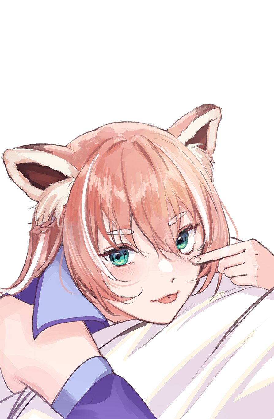 1girl, :p, adirosa, animal_ear_fluff, animal_ears, bamboo, eyebrows_visible_through_hair, green_eyes