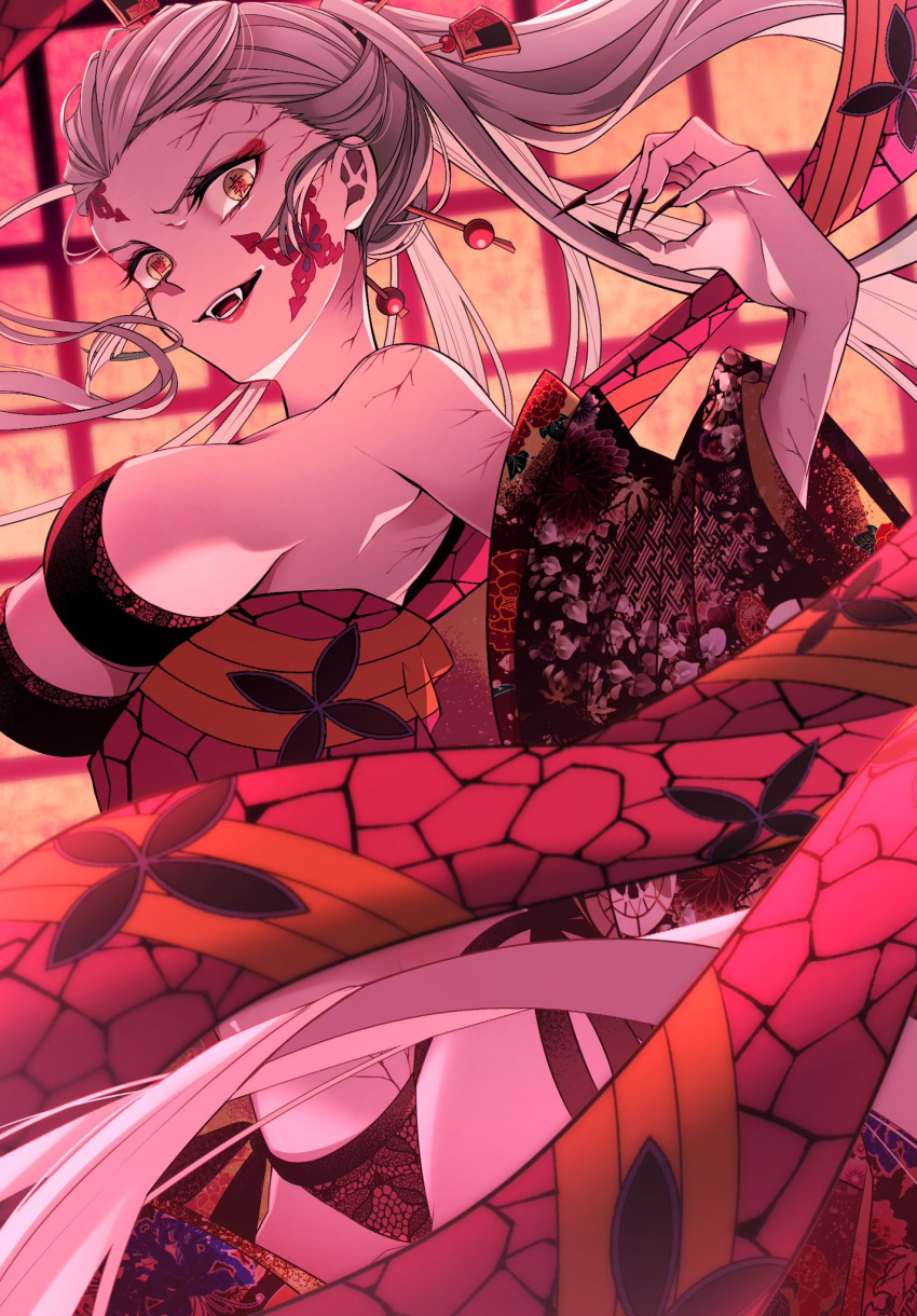 1girl, black_nails, breasts, commentary, cowboy_shot, daki_(kimetsu_no_yaiba), detached_sleeves, eyelashes