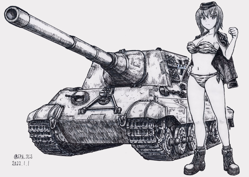 1girl, animal_print, ankle_boots, bangs, bikini, boots, breasts, clenched_hand