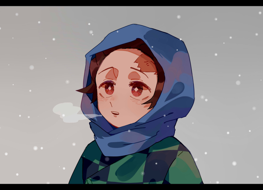 1boy, blue_scarf, breath, brown_hair, checkered_haori, chinese_commentary, commentary_request, green_jacket